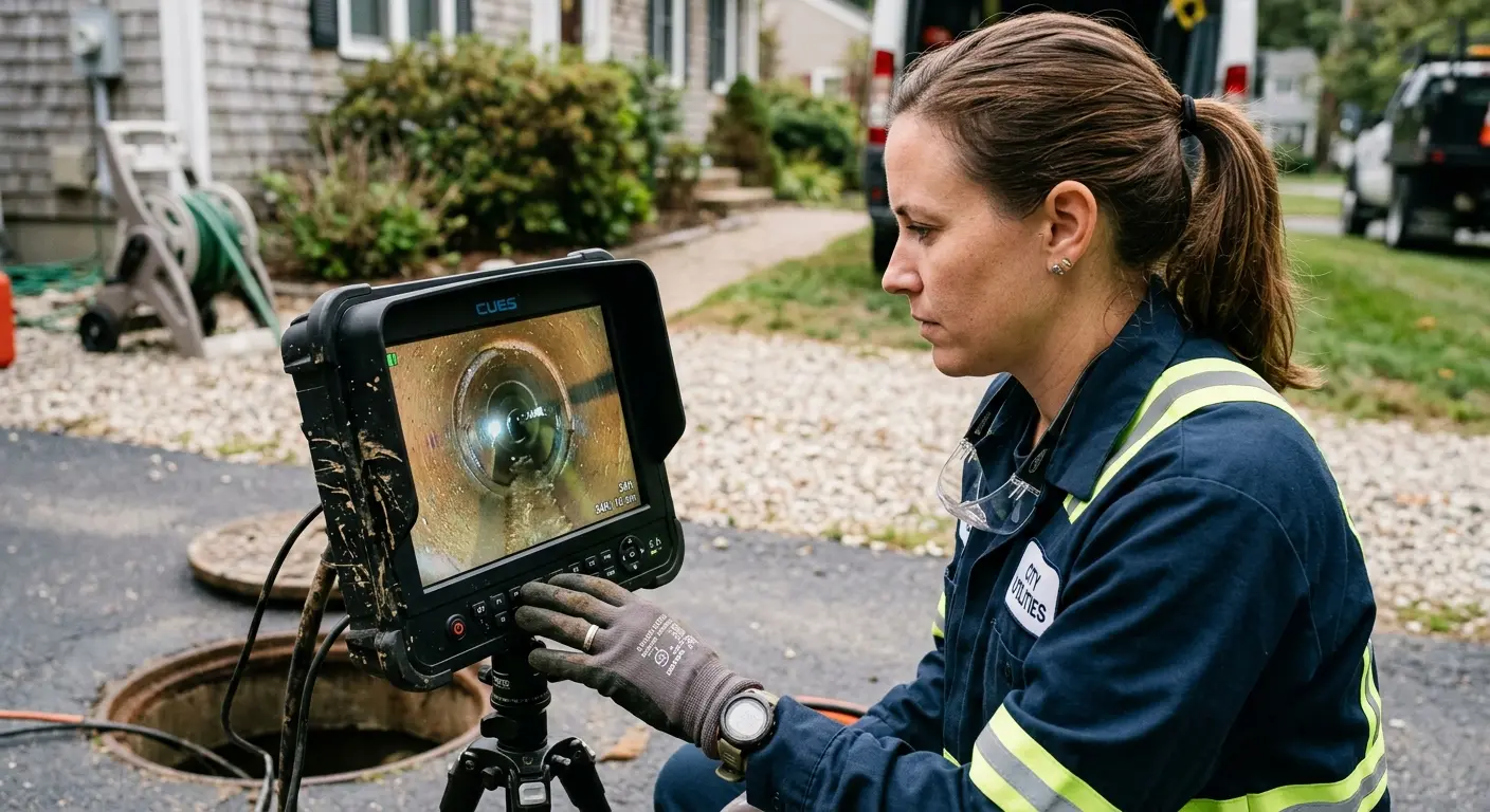 Technician reviewing sewer camera inspection footage in Woodside