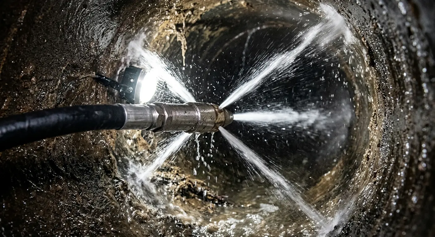 High-pressure hydro jetting nozzle cleaning sewer pipe for Sewer Cleanout in Woodside