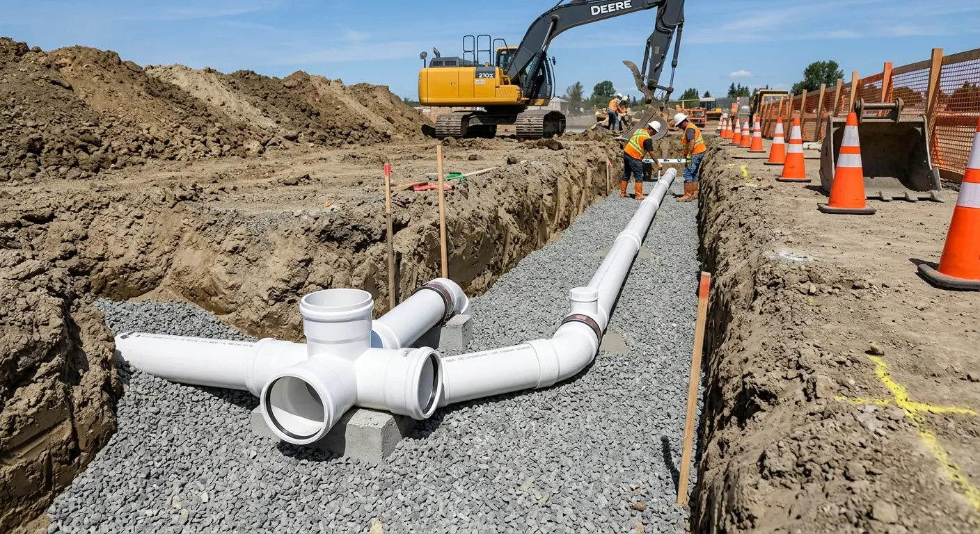 New PVC sewer pipe installation in open trench for Sewer Backup in Woodside