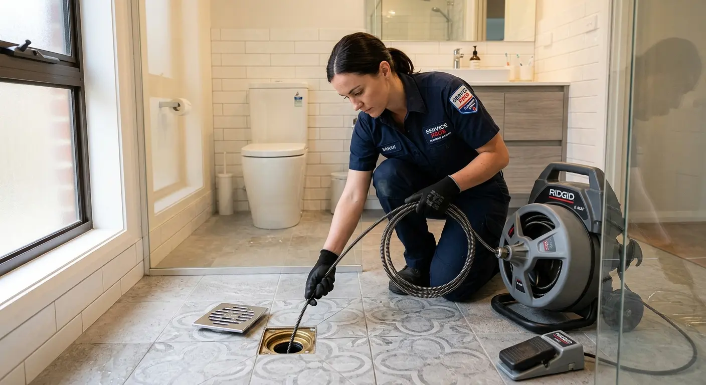Technician clearing a bathroom floor drain for Drain Cleaning in Woodside